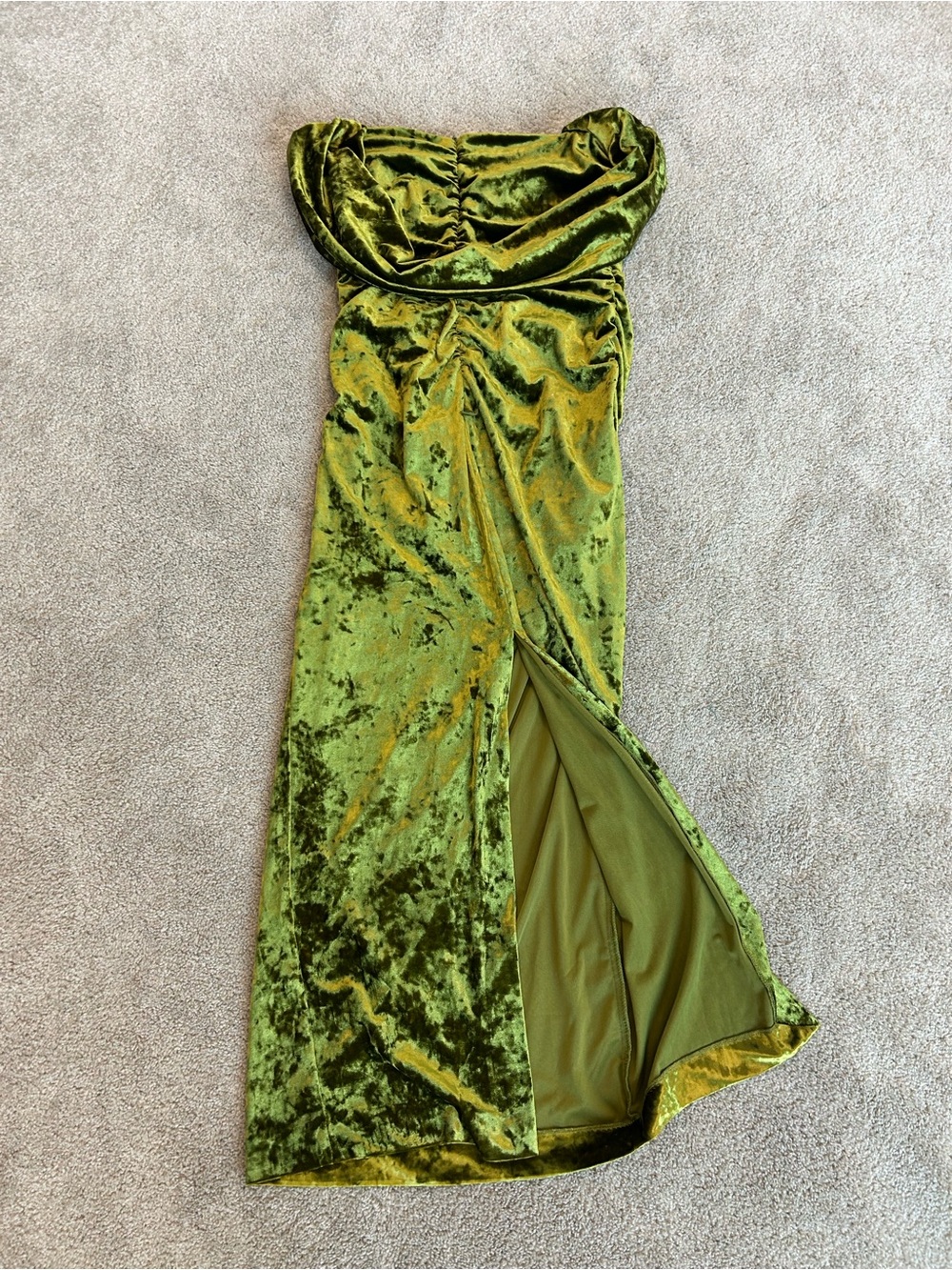 ZARA Olive Green Crushed Velvet Ruched Midi Dress Scarf Neck Size L NWT - Picture 7 of 16